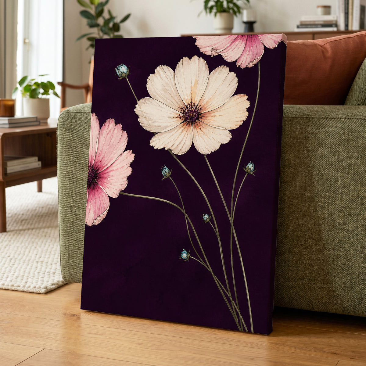 Petals on Plum, purple, pink, beige floral wall art displayed in a styled interior, gallery view 7