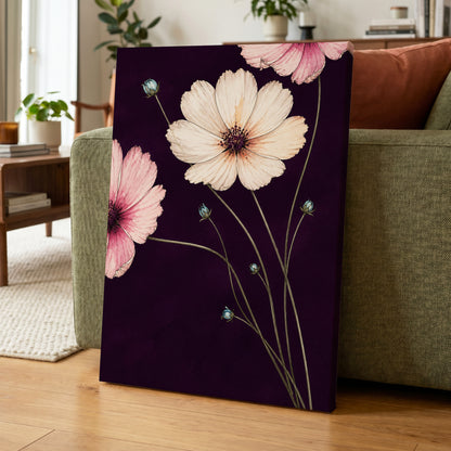 Petals on Plum, purple, pink, beige floral wall art displayed in a styled interior, gallery view 7