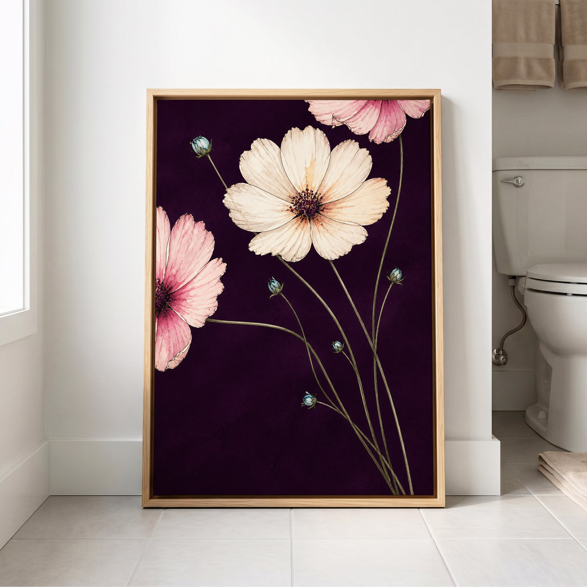 Petals on Plum, purple, pink, beige floral wall art displayed in a styled interior, gallery view 8