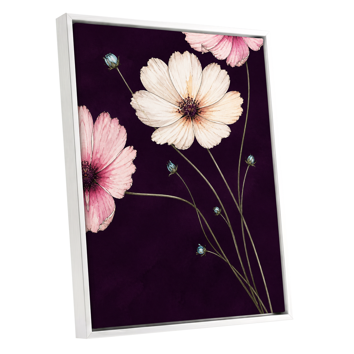 Petals on Plum, purple, pink, beige floral wall art shown as a white framed canvas wall art