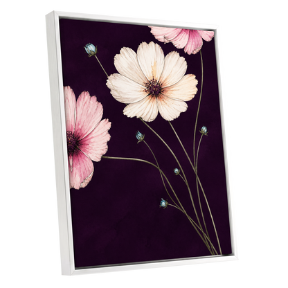 Petals on Plum, purple, pink, beige floral wall art shown as a white framed canvas wall art