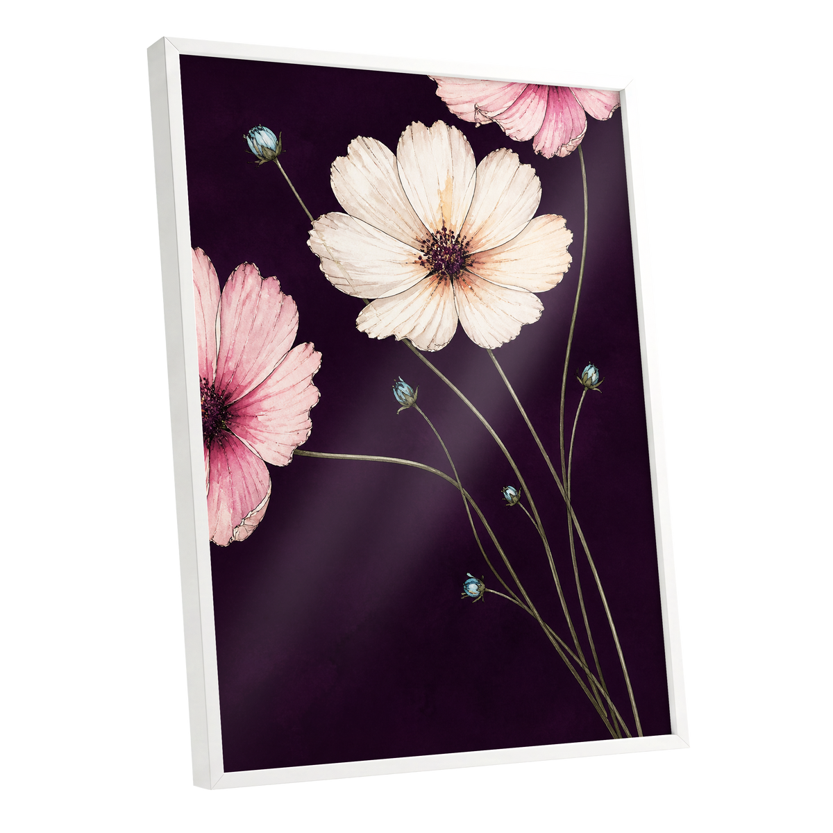 Petals on Plum, purple, pink, beige floral wall art shown as a white framed poster wall art print