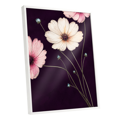 Petals on Plum, purple, pink, beige floral wall art shown as a white framed poster wall art print