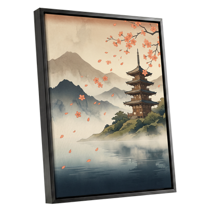 Petals Over Still Water, beige, blue, green nature wall art shown as a black framed canvas wall art