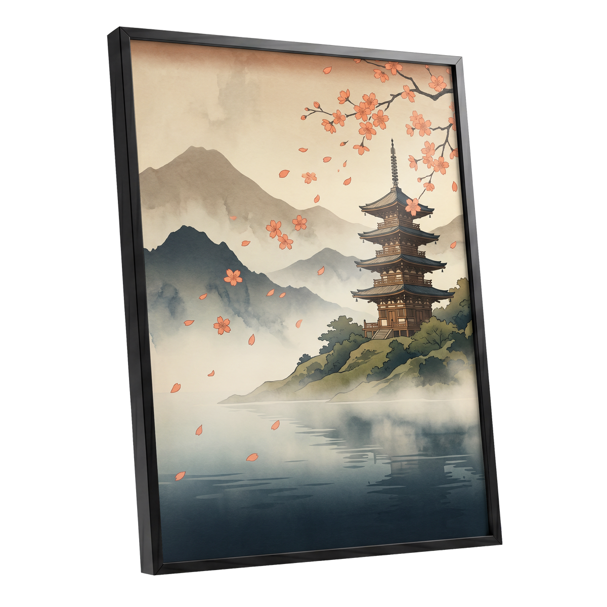 Petals Over Still Water, beige, blue, green nature wall art shown as a black framed poster wall art print