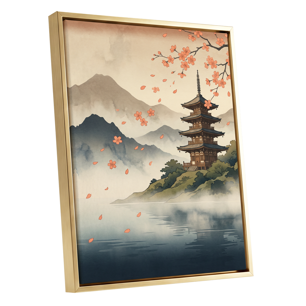 Petals Over Still Water, beige, blue, green nature wall art shown as a gold framed canvas wall art