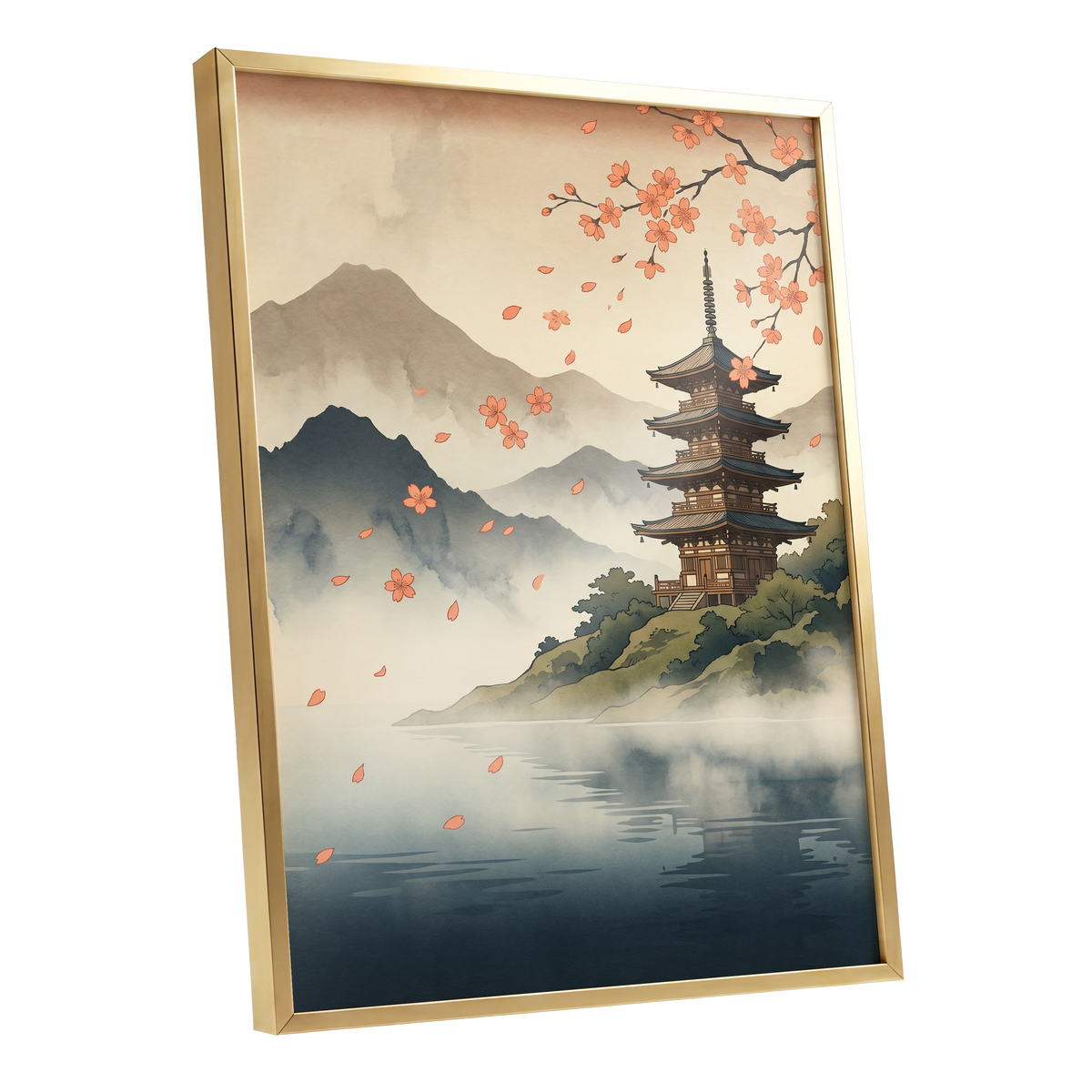 Petals Over Still Water, beige, blue, green nature wall art shown as a gold framed poster wall art print
