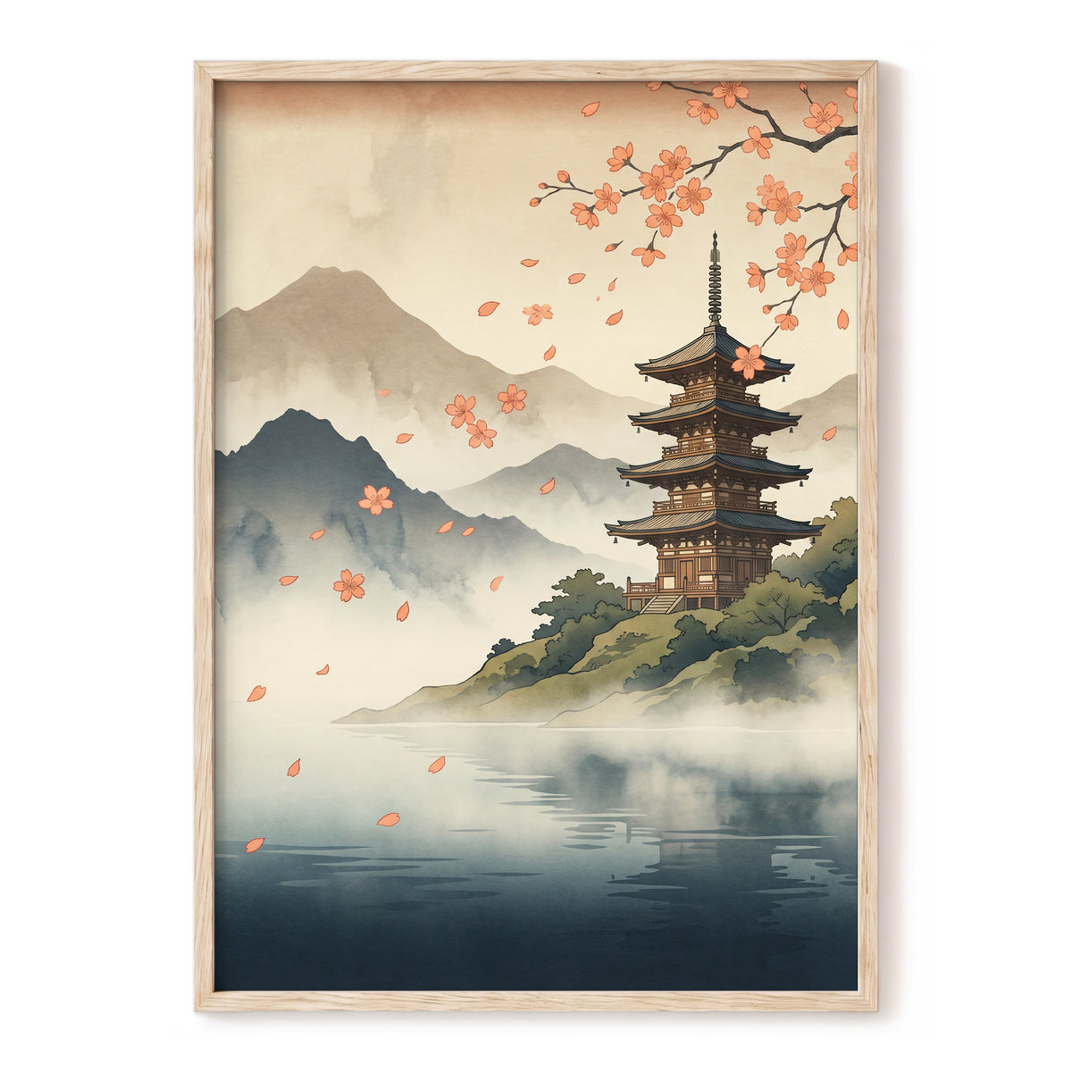 Petals Over Still Water, beige, blue, green nature wall art, front artwork view