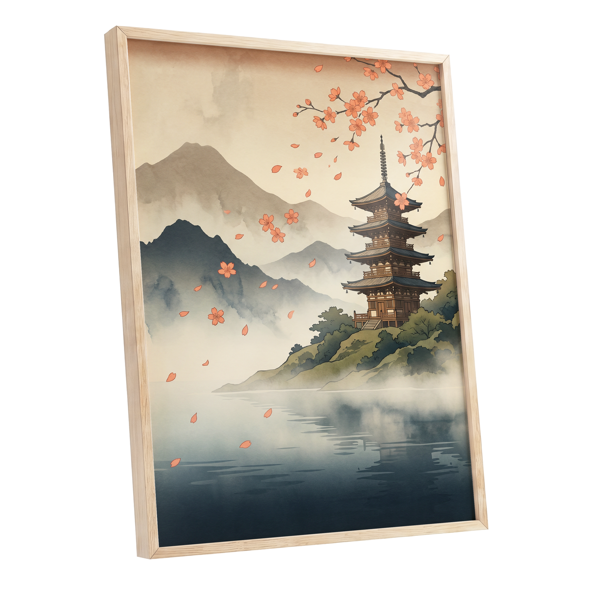 Petals Over Still Water, beige, blue, green nature wall art shown as a oak framed poster wall art print