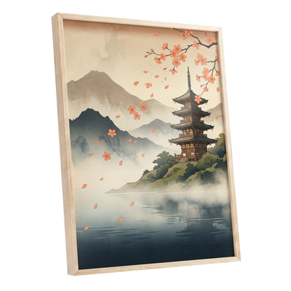 Petals Over Still Water, beige, blue, green nature wall art shown as a oak framed poster wall art print