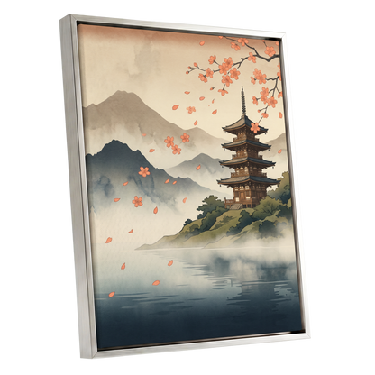 Petals Over Still Water, beige, blue, green nature wall art shown as a silver framed canvas wall art