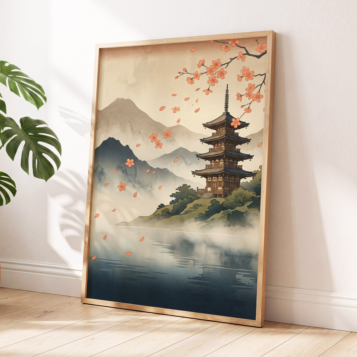 Petals Over Still Water, beige, blue, green nature wall art displayed in a styled interior, gallery view 2