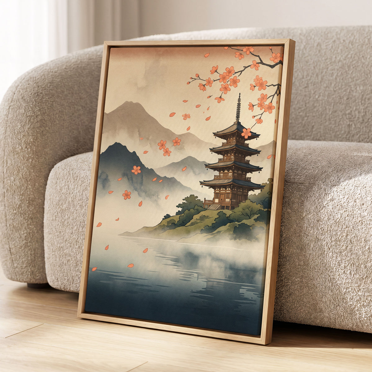 Petals Over Still Water, beige, blue, green nature wall art displayed in a styled interior, gallery view 4