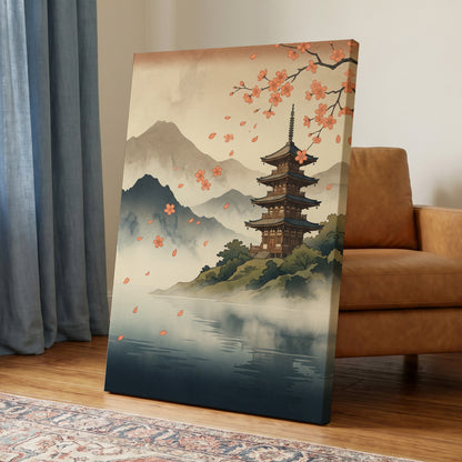 Petals Over Still Water, beige, blue, green nature wall art displayed in a styled interior, gallery view 7
