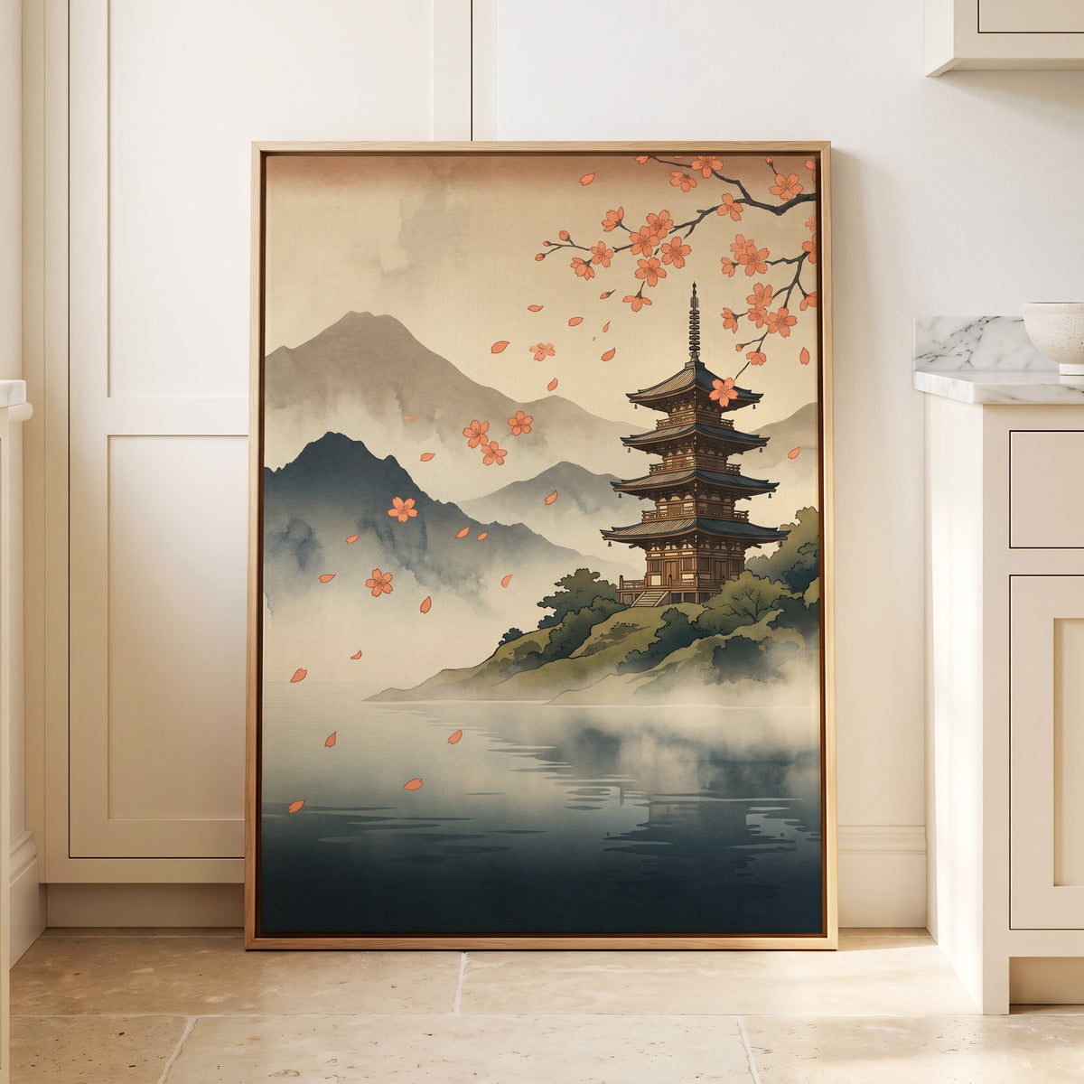 Petals Over Still Water, beige, blue, green nature wall art displayed in a styled interior, gallery view 8