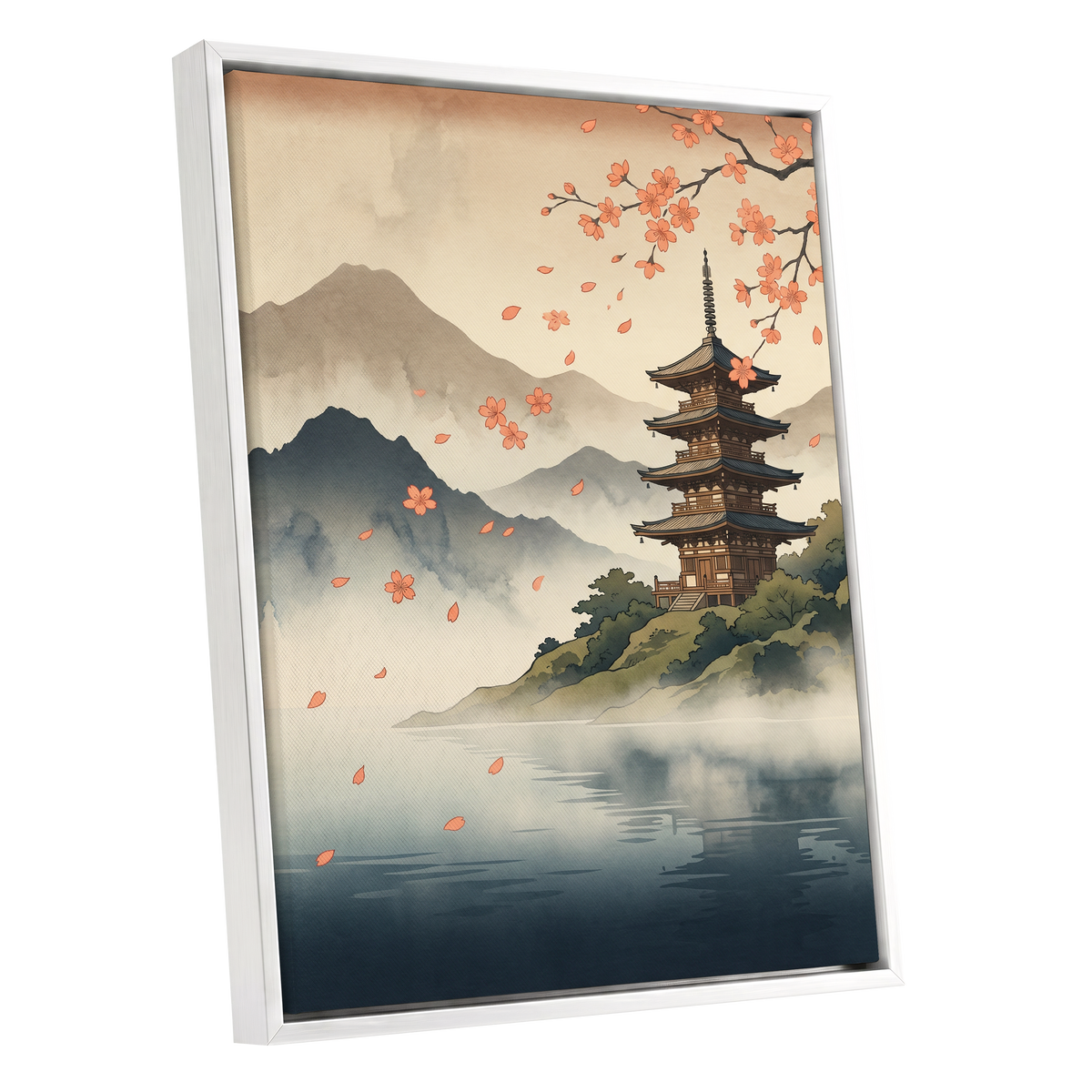 Petals Over Still Water, beige, blue, green nature wall art shown as a white framed canvas wall art