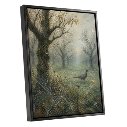 Pheasant in the Morning Mist, green, gray, brown nature wall art shown as a black framed canvas wall art