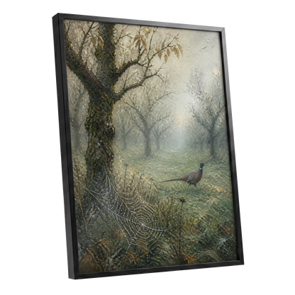 Pheasant in the Morning Mist, green, gray, brown nature wall art shown as a black framed poster wall art print