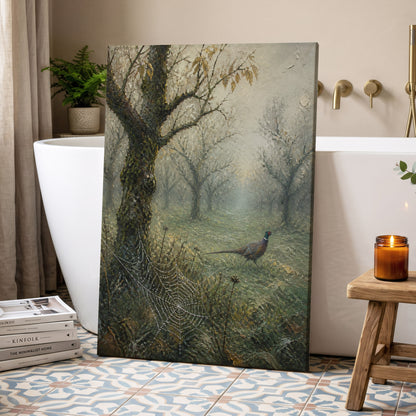 Pheasant in the Morning Mist, green, gray, brown nature wall art on canvas displayed in a styled interior, gallery view 2