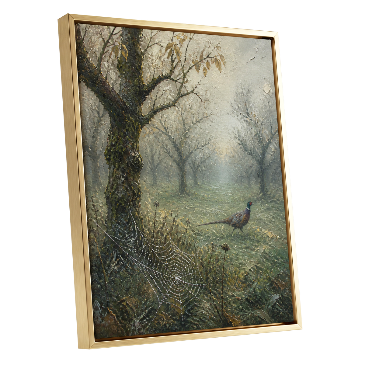 Pheasant in the Morning Mist, green, gray, brown nature wall art shown as a gold framed canvas wall art