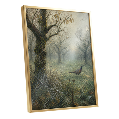 Pheasant in the Morning Mist, green, gray, brown nature wall art shown as a gold framed poster wall art print