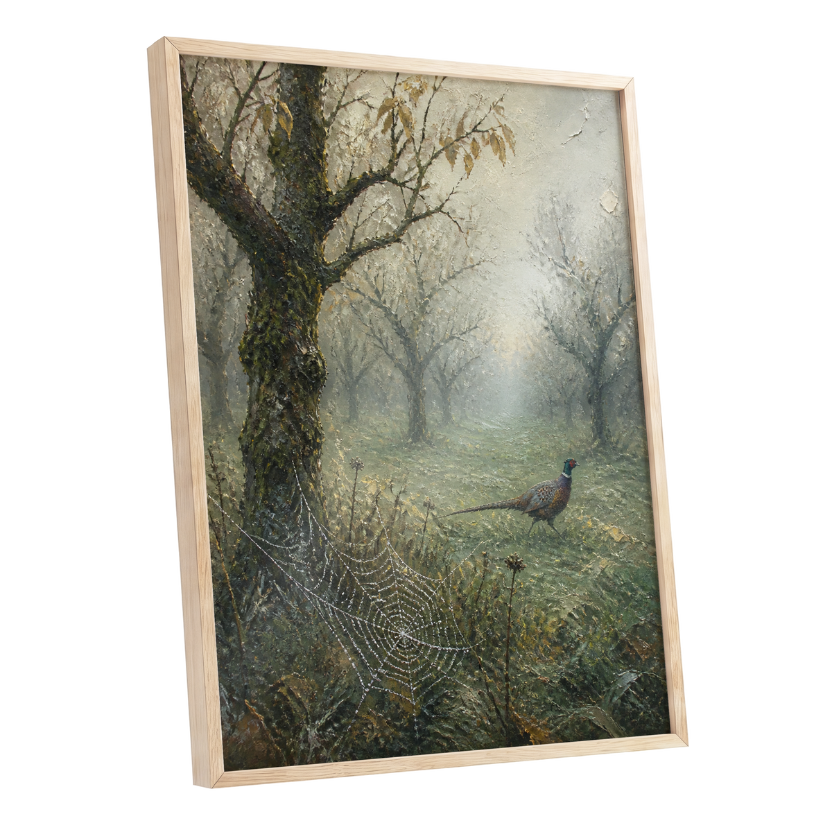 Pheasant in the Morning Mist, green, gray, brown nature wall art shown as a oak framed poster wall art print