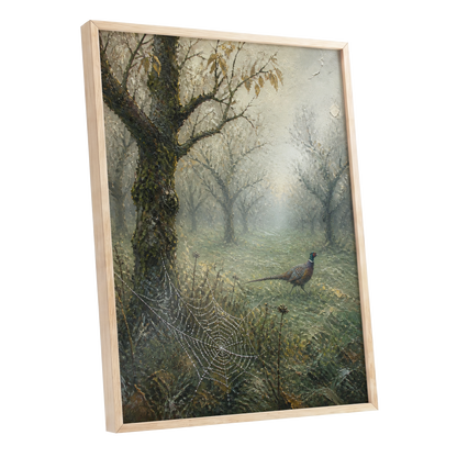 Pheasant in the Morning Mist, green, gray, brown nature wall art shown as a oak framed poster wall art print