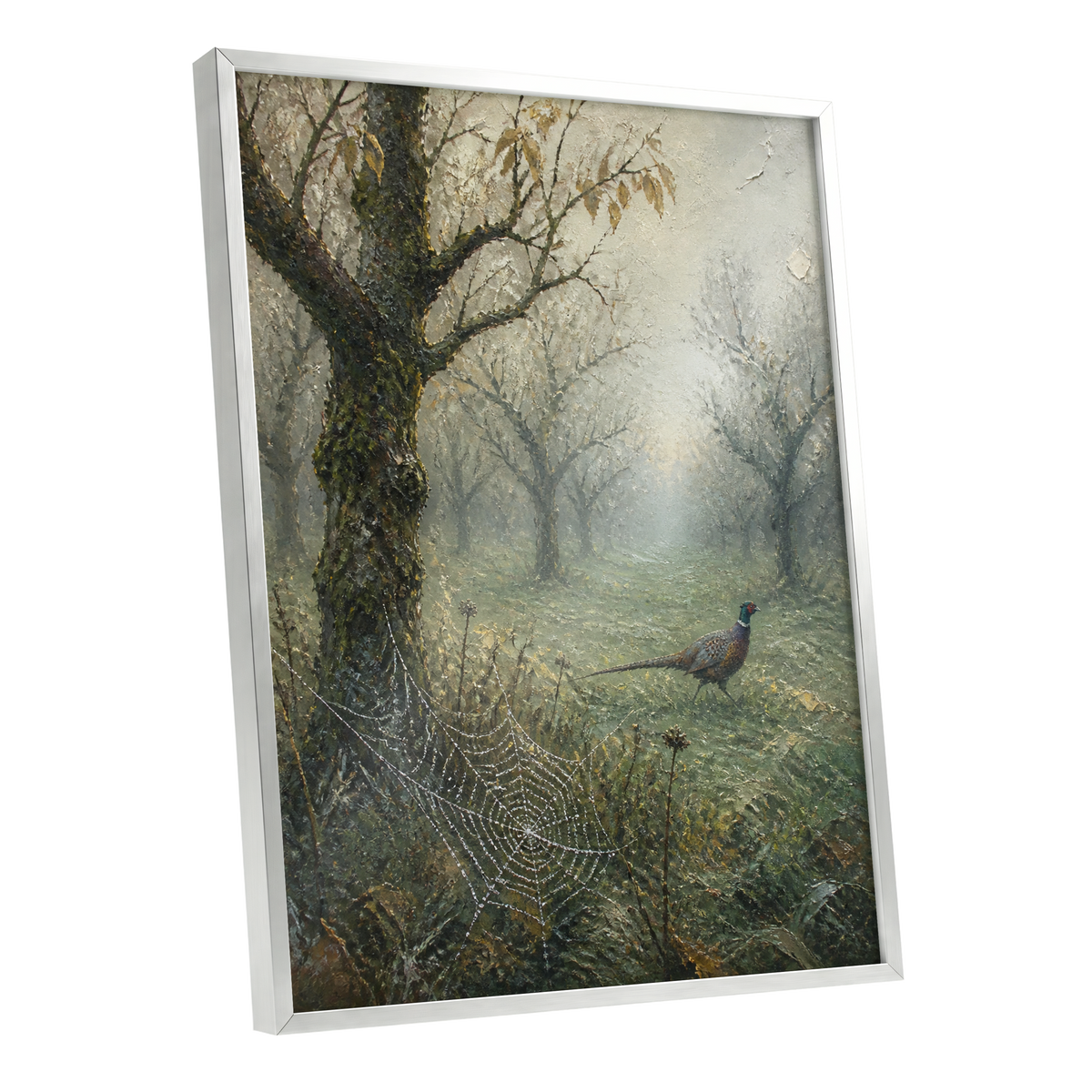 Pheasant in the Morning Mist, green, gray, brown nature wall art shown as a silver framed poster wall art print