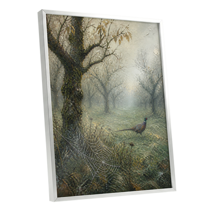 Pheasant in the Morning Mist, green, gray, brown nature wall art shown as a silver framed poster wall art print