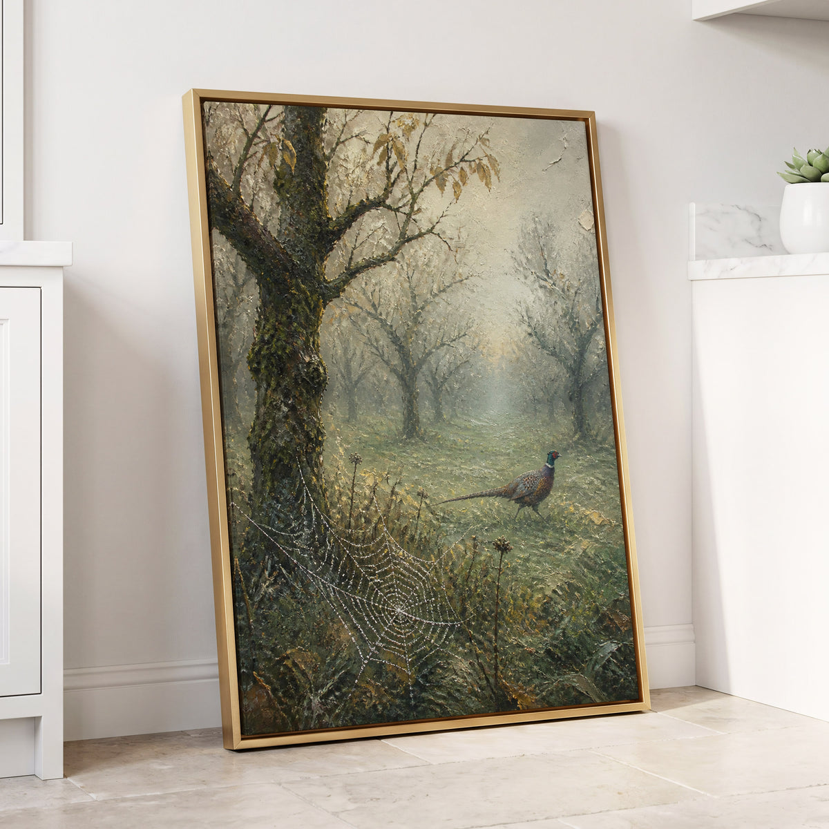 Pheasant in the Morning Mist, green, gray, brown nature wall art displayed in a styled interior, gallery view 1