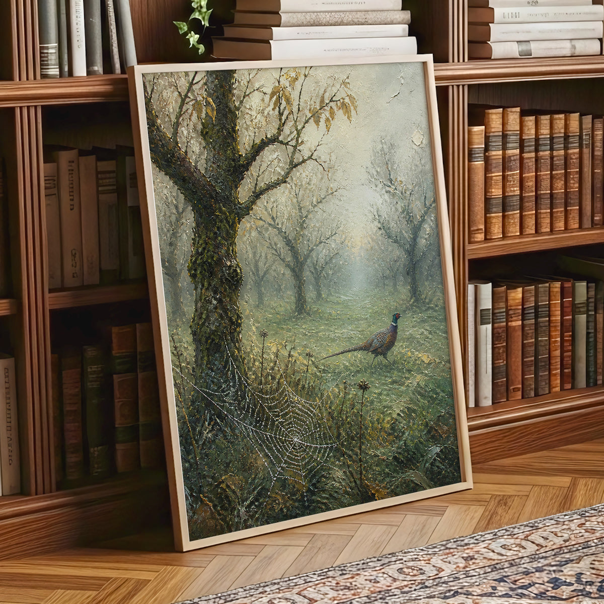Pheasant in the Morning Mist, green, gray, brown nature wall art displayed in a styled interior, gallery view 2