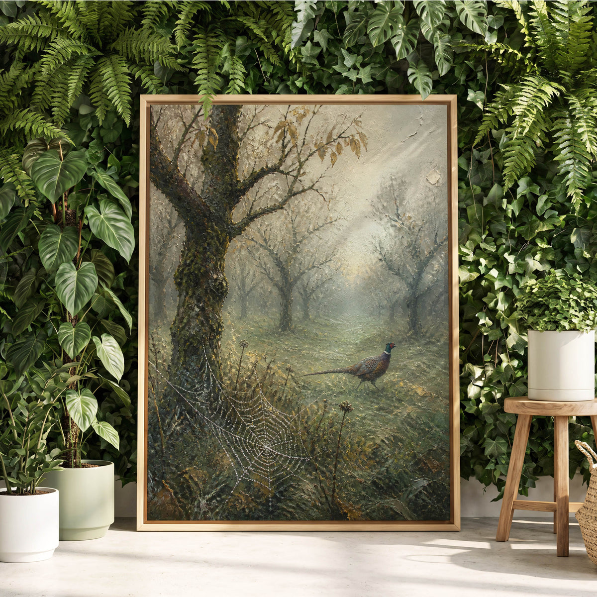 Pheasant in the Morning Mist, green, gray, brown nature wall art displayed in a styled interior, gallery view 3
