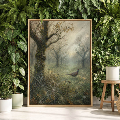 Pheasant in the Morning Mist, green, gray, brown nature wall art displayed in a styled interior, gallery view 3
