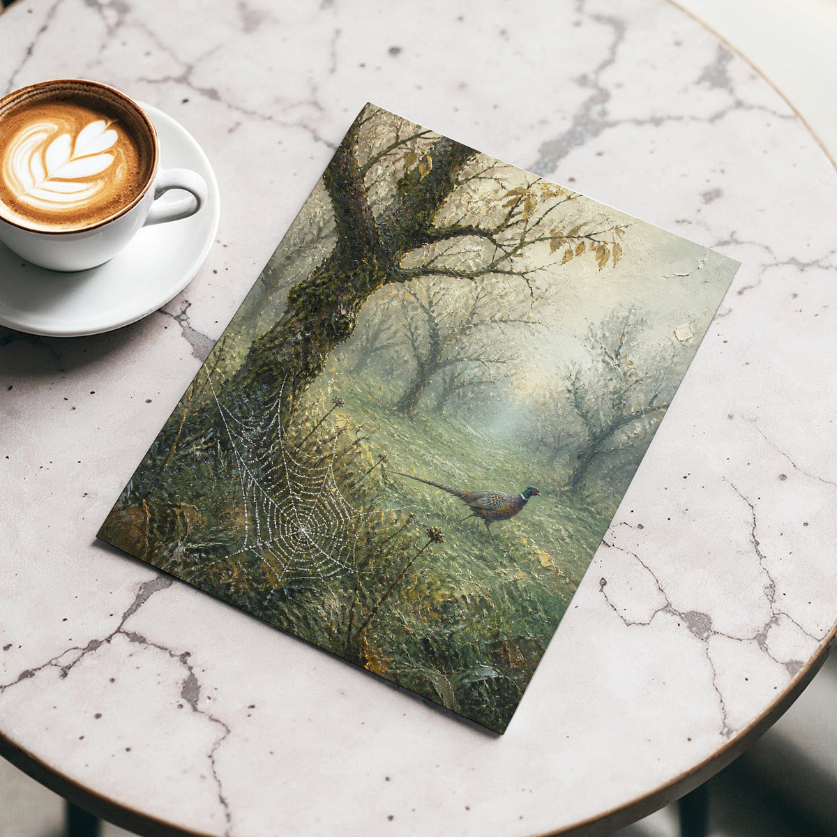 Pheasant in the Morning Mist, green, gray, brown nature wall art displayed in a styled interior, gallery view 4