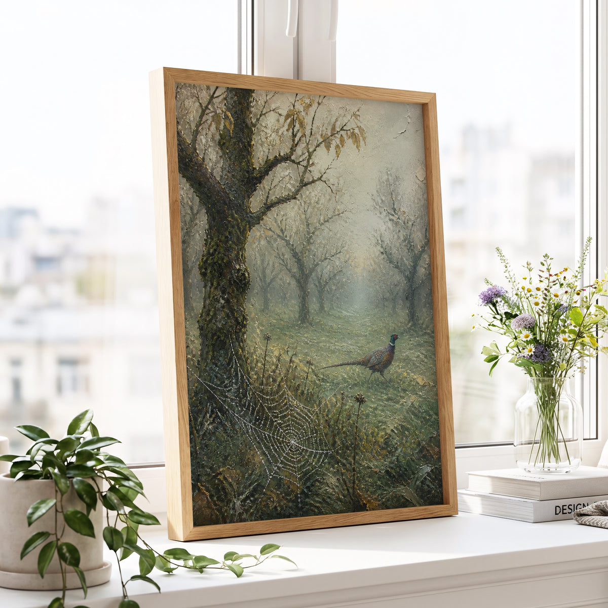 Pheasant in the Morning Mist, green, gray, brown nature wall art displayed in a styled interior, gallery view 5