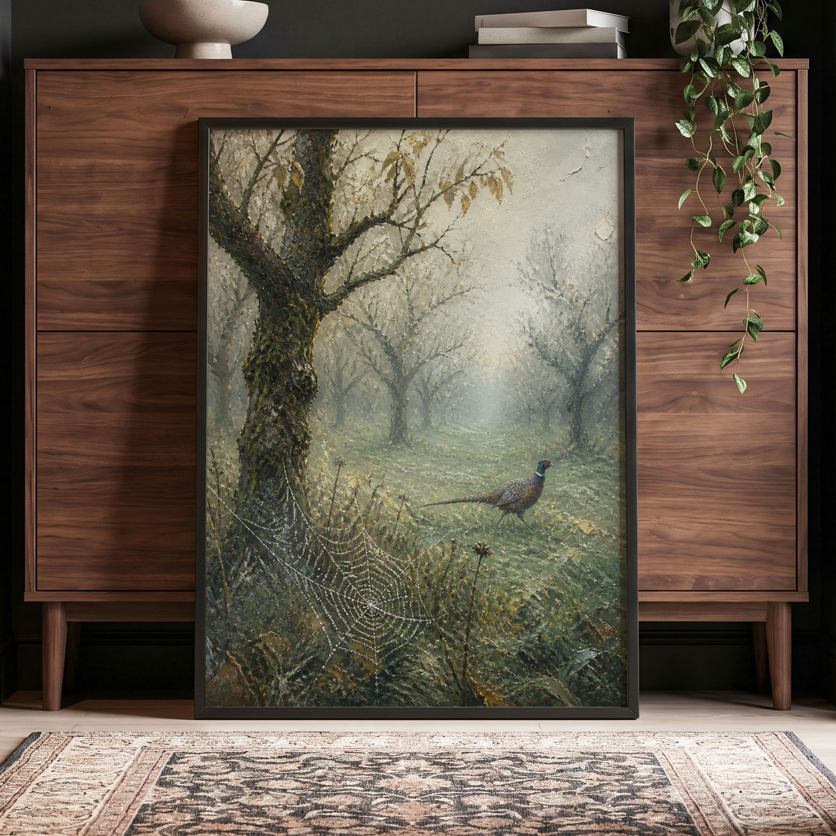 Pheasant in the Morning Mist, green, gray, brown nature wall art displayed in a styled interior, gallery view 6