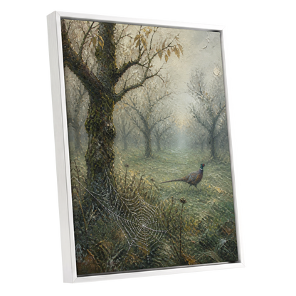 Pheasant in the Morning Mist, green, gray, brown nature wall art shown as a white framed canvas wall art