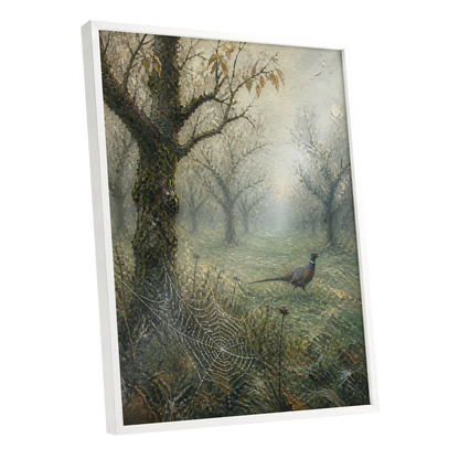 Pheasant in the Morning Mist, green, gray, brown nature wall art shown as a white framed poster wall art print