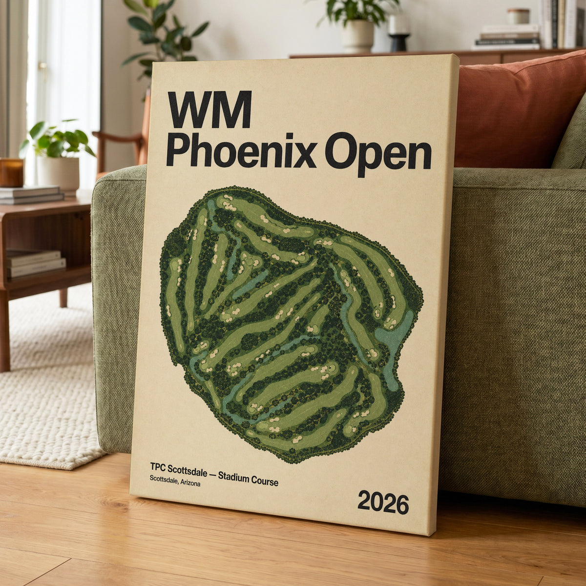Phoenix Fairways, green, beige, black nature wall art on canvas displayed in a styled interior, gallery view 1