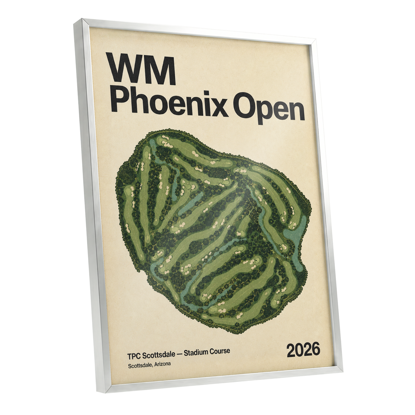 Phoenix Fairways, green, beige, black nature wall art shown as a silver framed poster wall art print