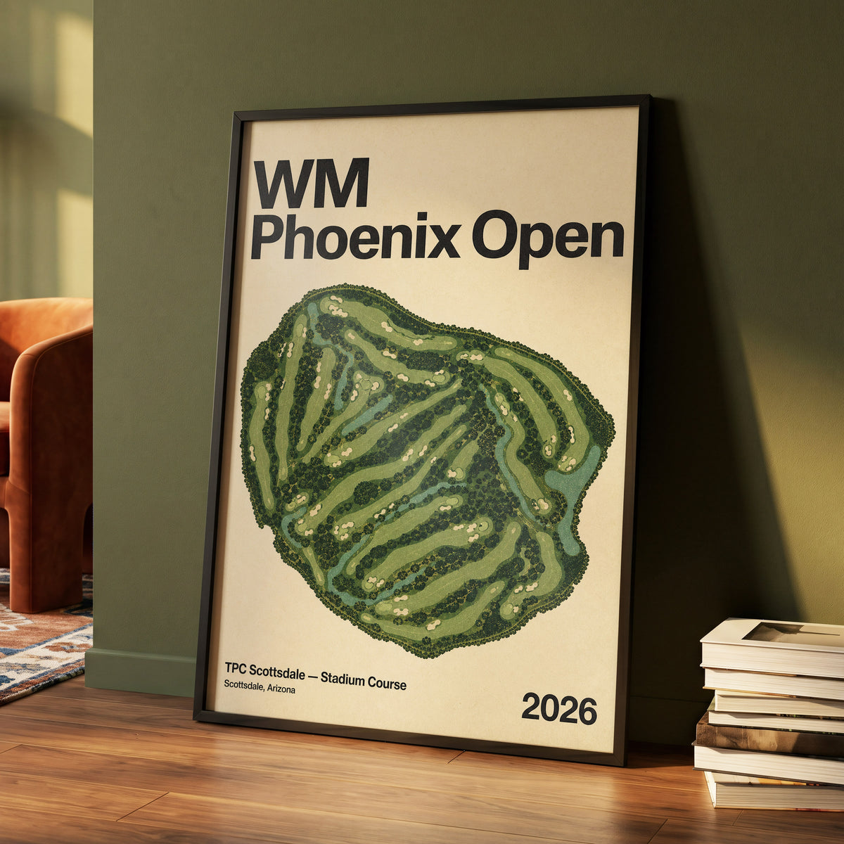Phoenix Fairways, green, beige, black nature wall art displayed in a styled interior, gallery view 4