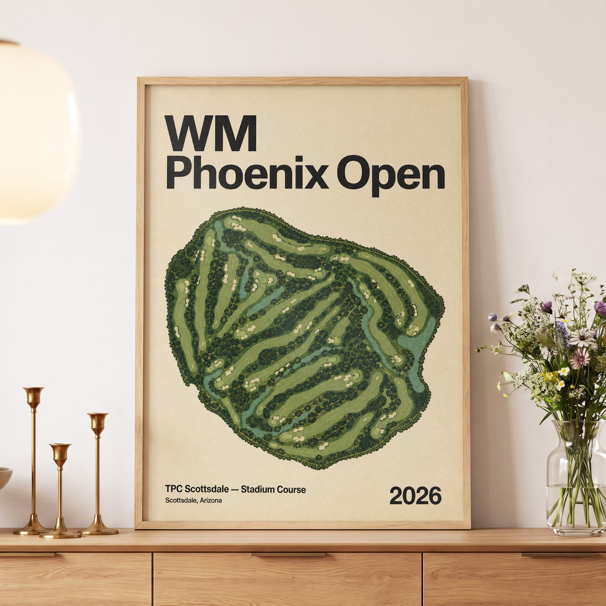 Phoenix Fairways, green, beige, black nature wall art displayed in a styled interior, gallery view 5