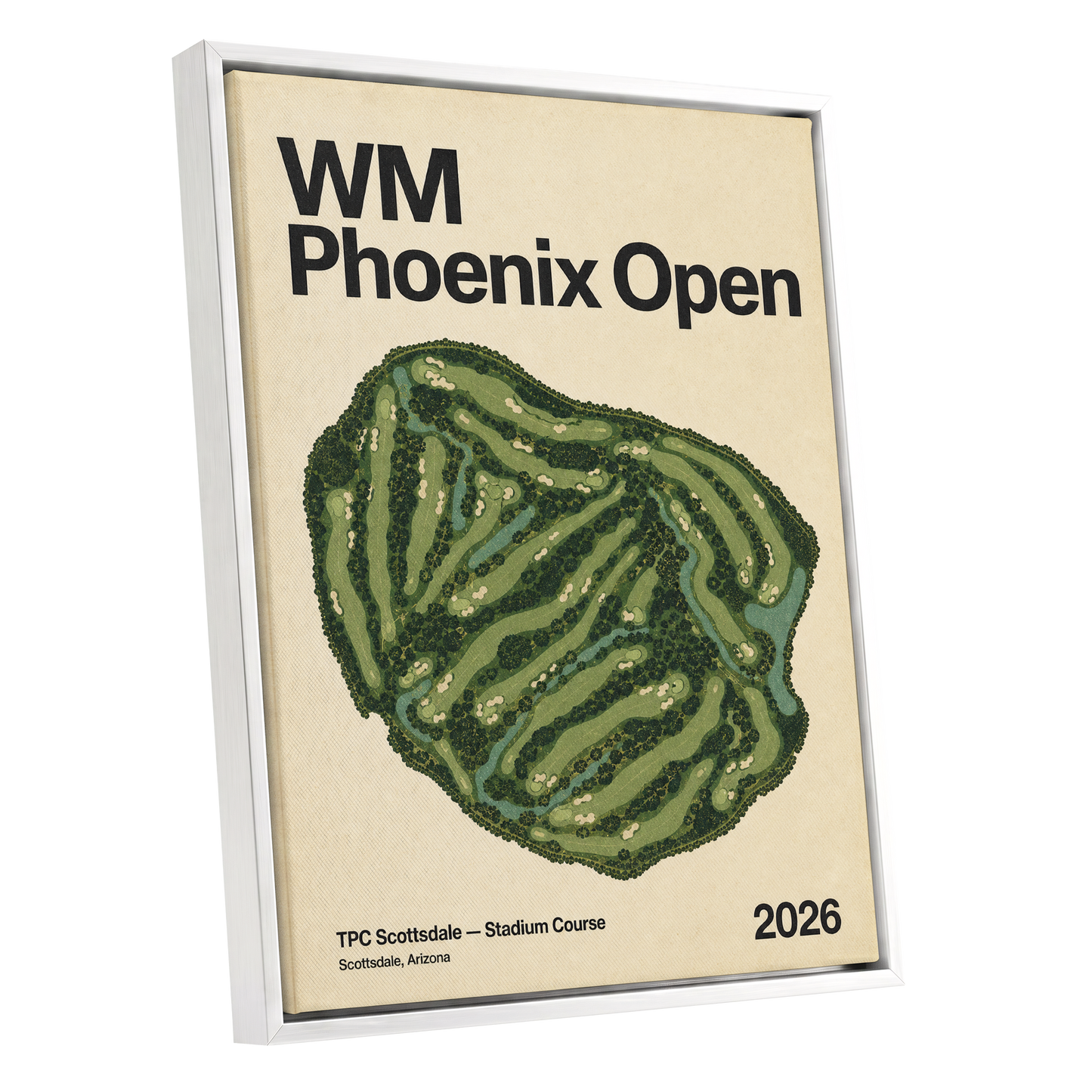 Phoenix Fairways, green, beige, black nature wall art shown as a white framed canvas wall art
