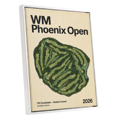 Phoenix Fairways, green, beige, black nature wall art shown as a white framed canvas wall art