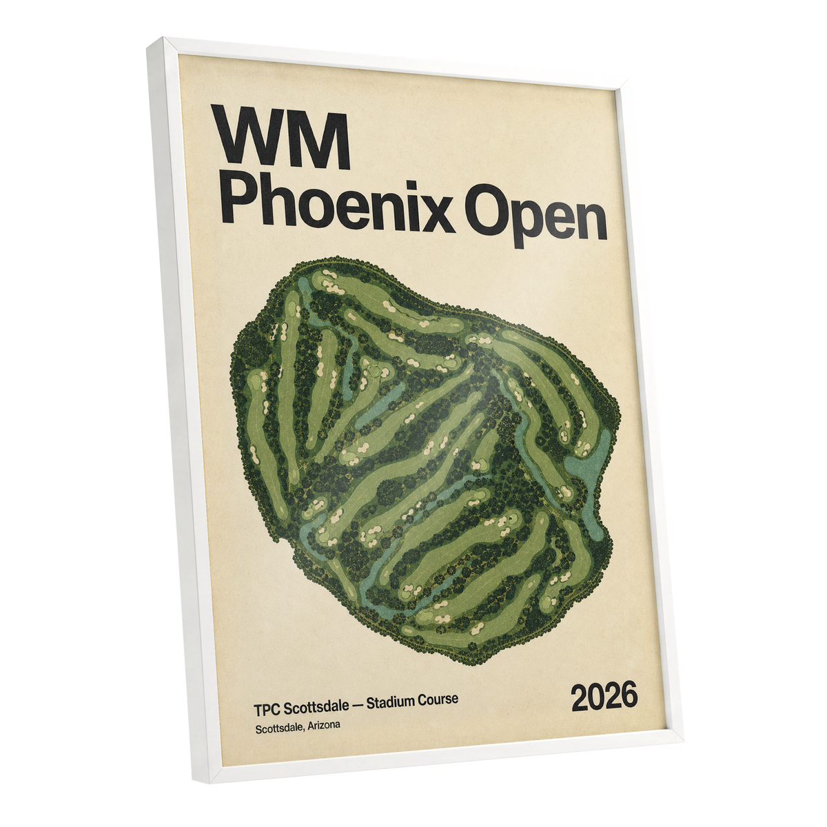 Phoenix Fairways, green, beige, black nature wall art shown as a white framed poster wall art print