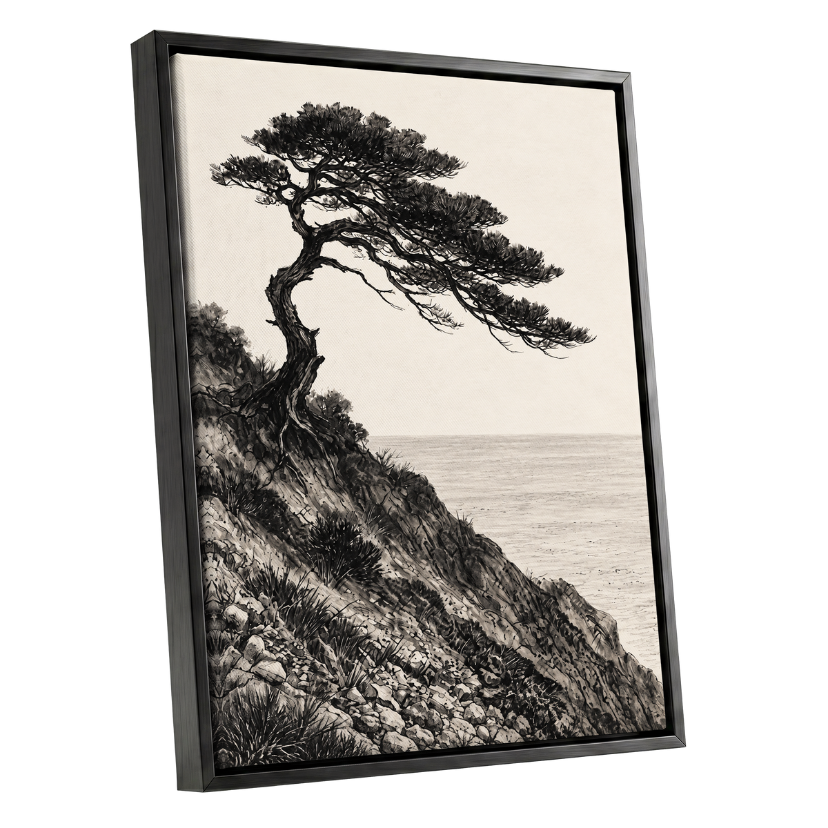 Pine Above the Tide, black, beige, gray nature wall art shown as a black framed canvas wall art