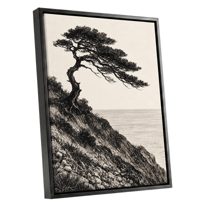 Pine Above the Tide, black, beige, gray nature wall art shown as a black framed canvas wall art