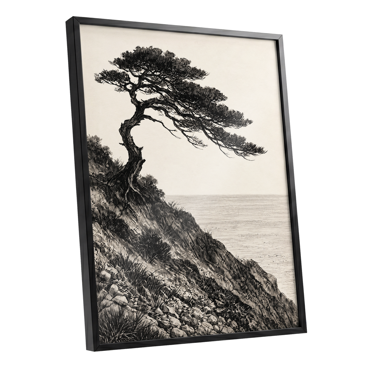 Pine Above the Tide, black, beige, gray nature wall art shown as a black framed poster wall art print