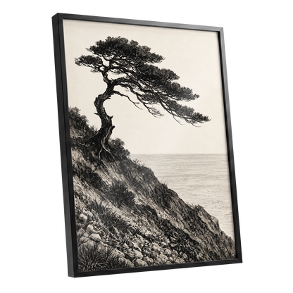 Pine Above the Tide, black, beige, gray nature wall art shown as a black framed poster wall art print