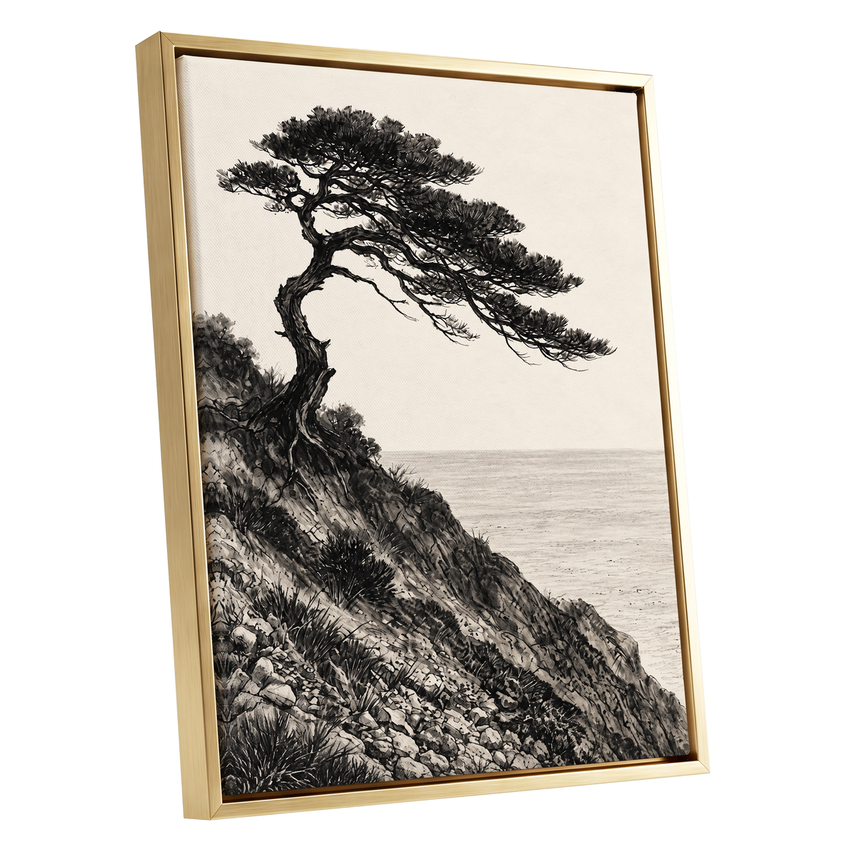 Pine Above the Tide, black, beige, gray nature wall art shown as a gold framed canvas wall art
